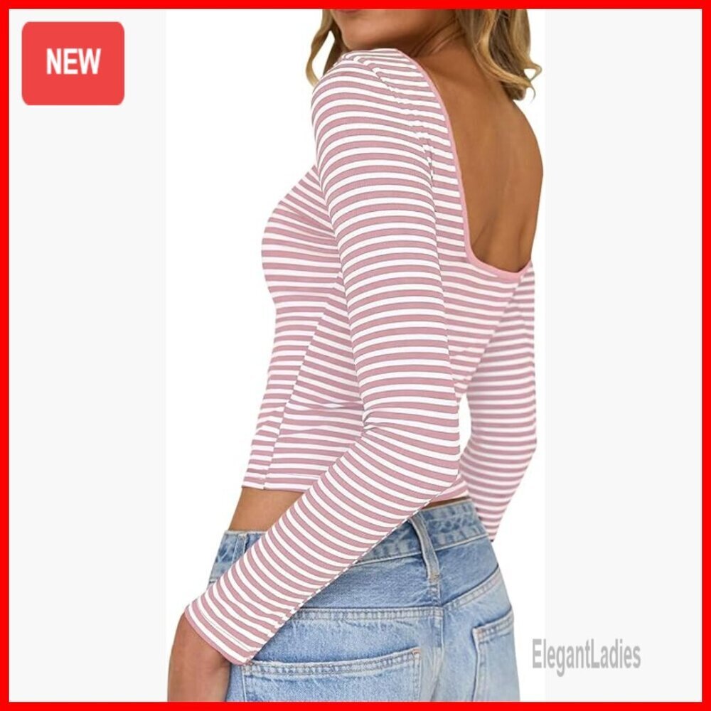 Striped Backless Crop Top Long Sleeve Boat Neck Y2K T-Shirt Women's